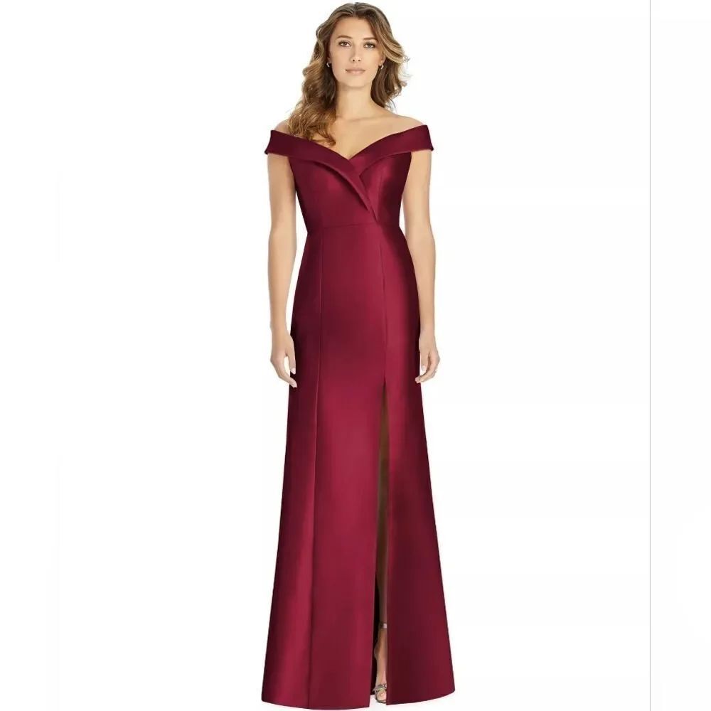 NWT Alfred Sung Off-Shoulder Cuff Trumpet Gown Burgundy Maxi dress 4